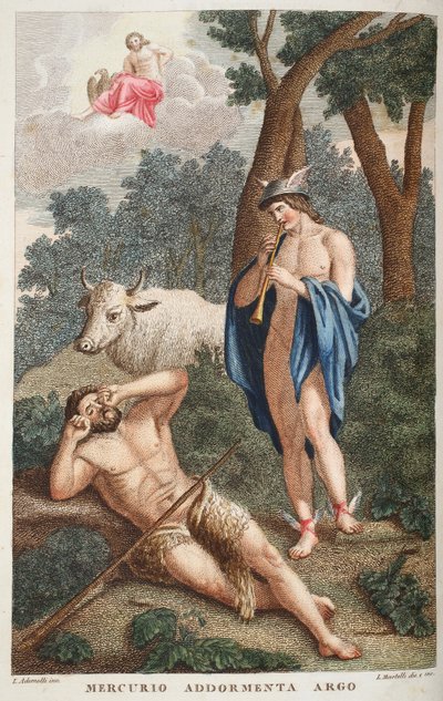 Merkur bringt Argus zum Schlafen, Illustration aus Ovids Metamorphosen, Florenz, 1832 (handkolorierter Stich) von Luigi Ademollo